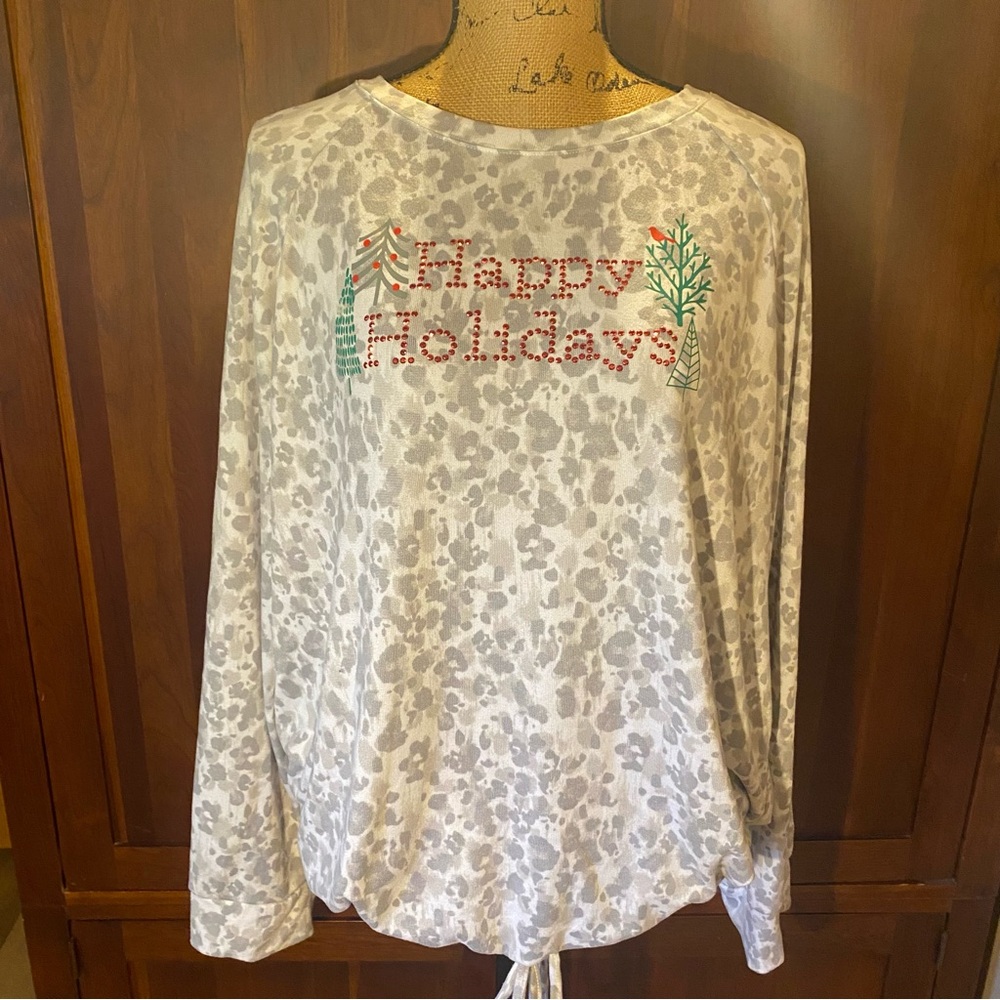 Sonoma Intimates Gray Leopard Print Happy Holidays Pajama Set Plus Size 2X